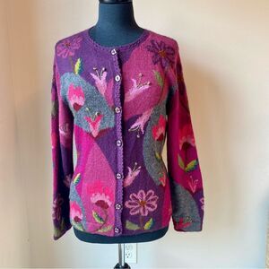 TEY-ART Cardigan Sweater Alpaca Wool Colorful Floral Knit Embroidered Pink Peru